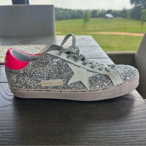 Golden Goose Silver Glitter Sneakers with White Star and Pink Heel - 11